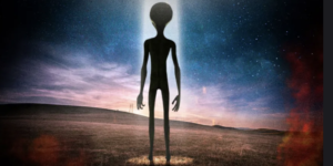 alien in shadow standing in a bright down light